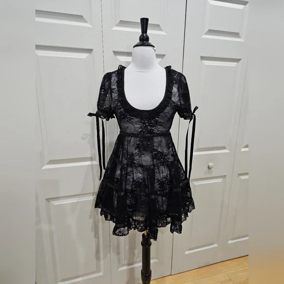 Dolls Kill Sexy Goth Lace House On The Hill Little Black Babydoll Mini Dress S - Picture 14 of 14